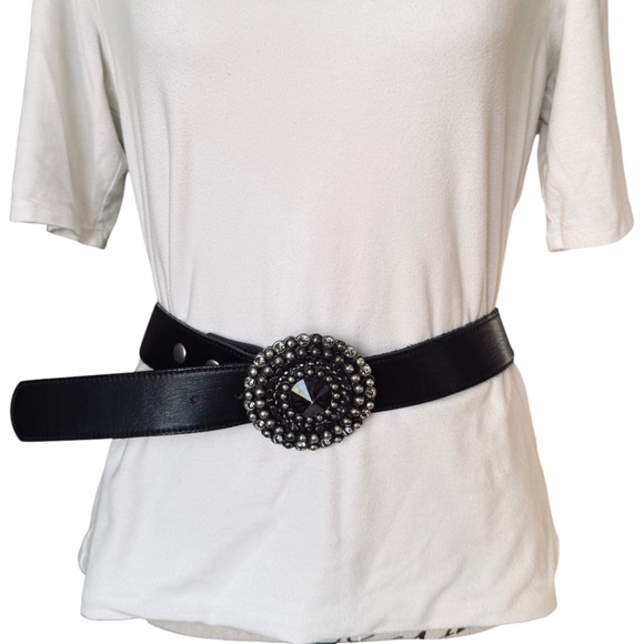 Leatherock Black Leather Belt Round Crystal Studded Buckle main image 8